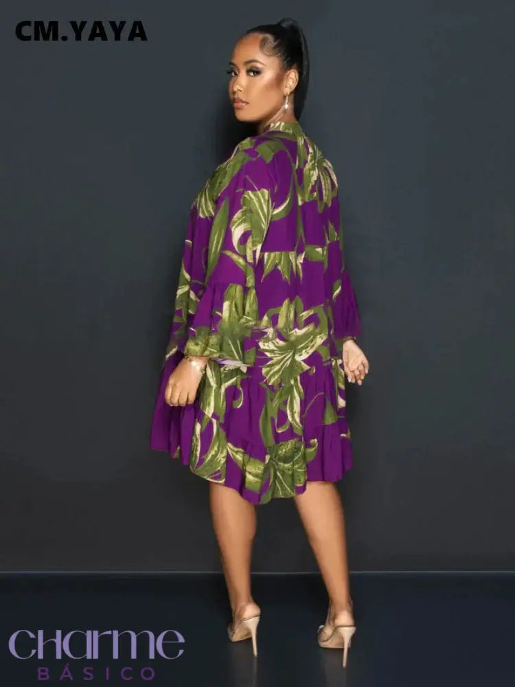 Cm.yaya Women Leaf Printed Long Sleeve Button Front Ruffles Big Swing Blouse Stlye Dress 2023 Autumn
