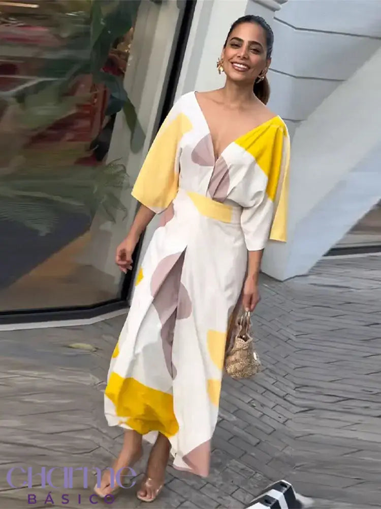 Elegant Fashion Printed Midi Dress For Women Sexy V Neck Half Sleeves High Waist A-Line Robes 2024