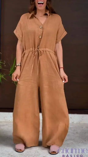 Women’s V-Neck Shorts Cotton And Linen Jumpsuit Brown / S(Us 6-8)